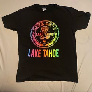 Black Lake Tahoe shirt with rainbow letters, size M